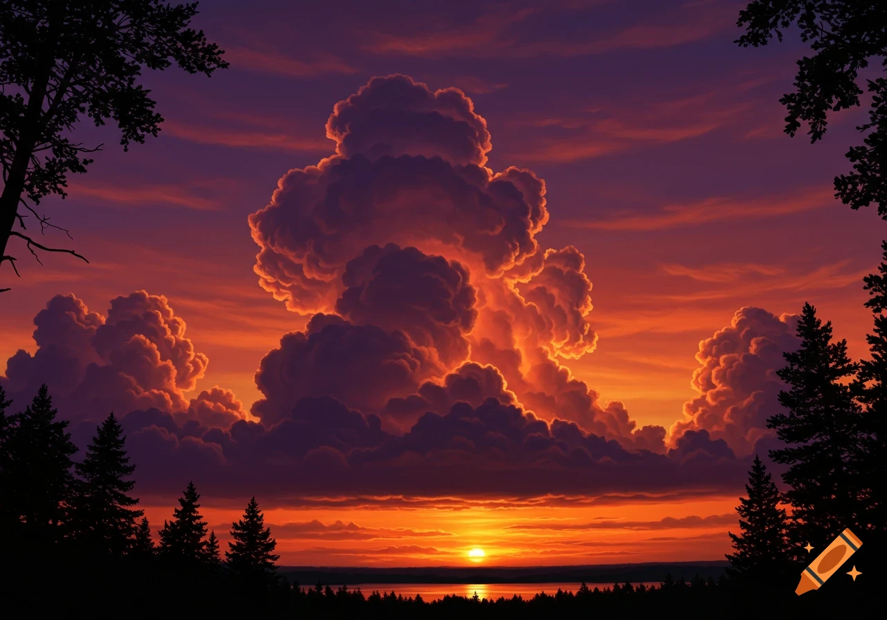 Photorealistic sunset over a lake with dramatic, brightly lit clouds and silhouetted trees.