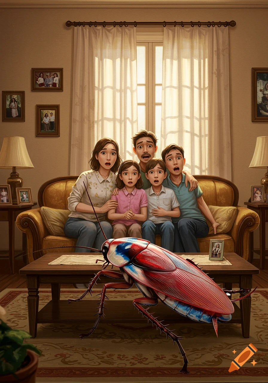 An illustration of a family huddled together on a couch, looking terrified at a giant red, white, and blue cockroach on the coffee table in their living room.