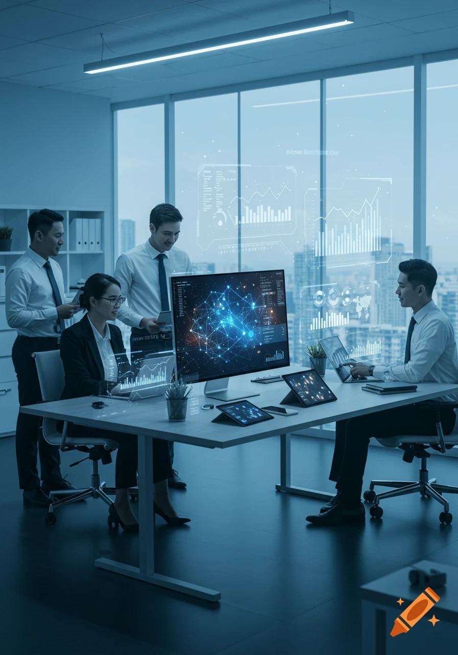 Four business professionals, including three men and one woman, analyze data on computers and holographic displays in a modern office.