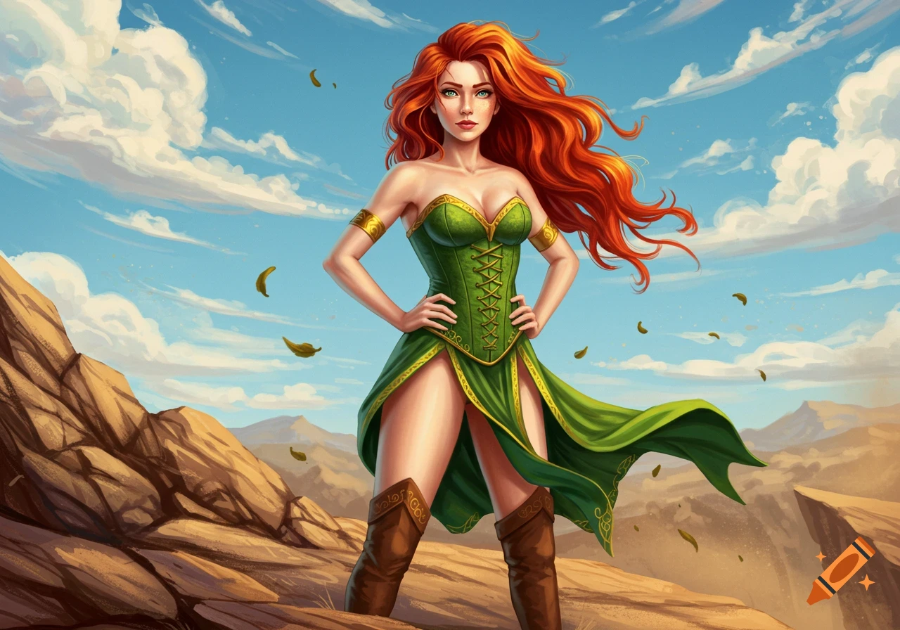 A red-haired woman in a green corset and flowing dress stands in a heroic pose in a rocky desert landscape under a blue sky.
