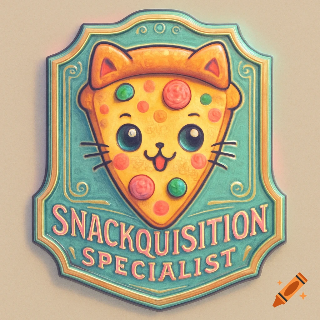 Cartoon kawaii pizza slice with a cat face on an ornate green badge that reads "SNACKQUISITION SPECIALIST".