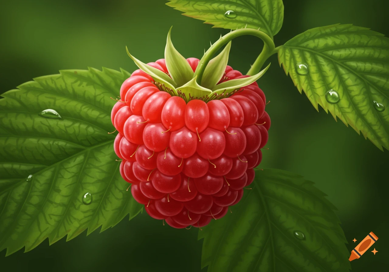 A close-up of a vibrant red raspberry on a vine with green leaves and water droplets, against a blurred green background.