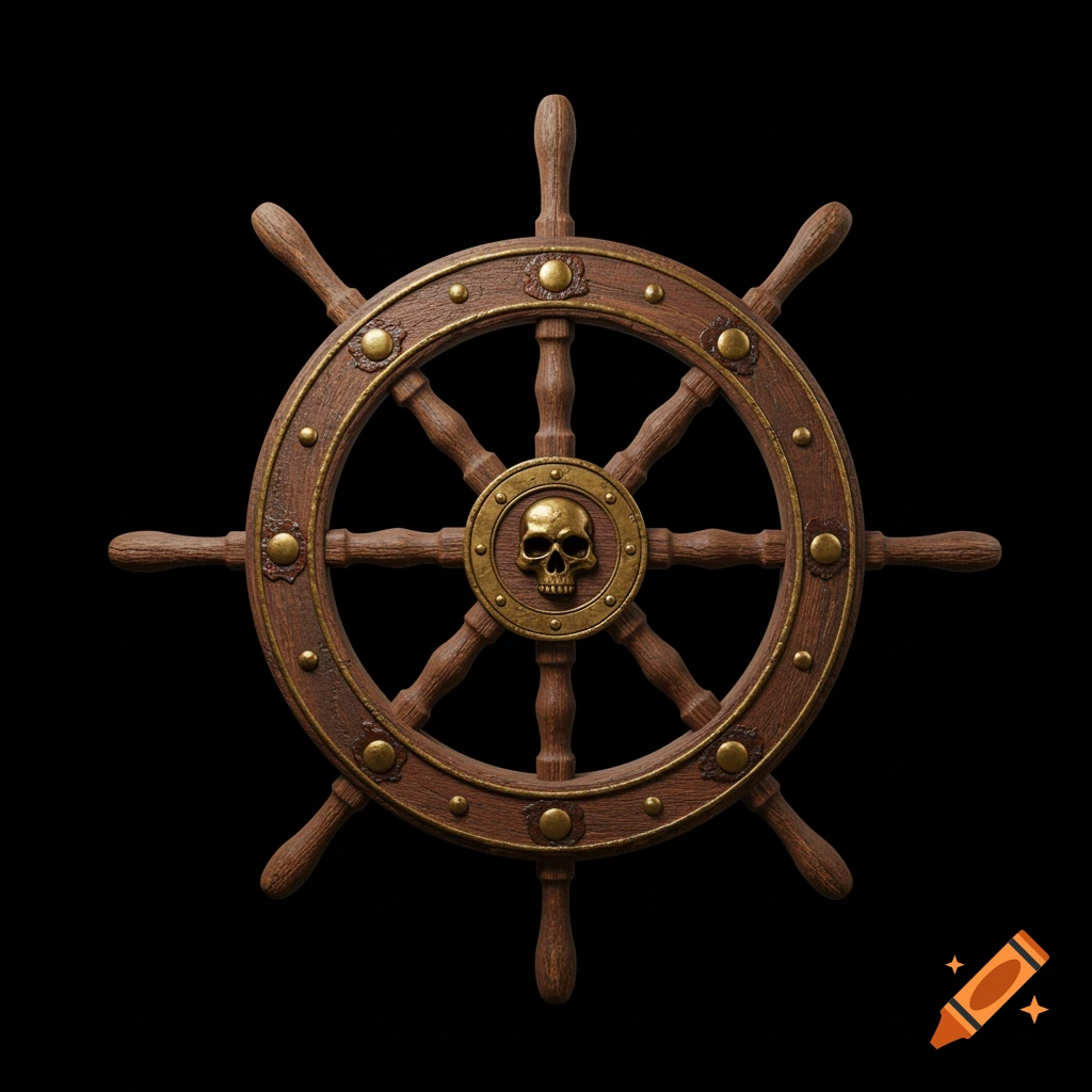 A detailed wooden pirate ship wheel with brass accents and a skull emblem at its center, set against a black background.