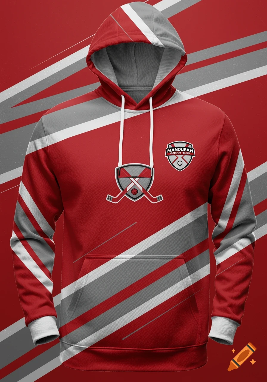 Red, silver, and white hoodie with a geometric stripe pattern and a club logo featuring crossed hockey sticks.
