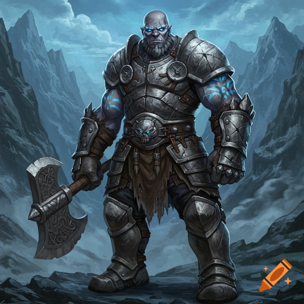 An armored bald Goliath character with dark gray skin, blue eyes, and a short beard holds a large axe in a mountain landscape.