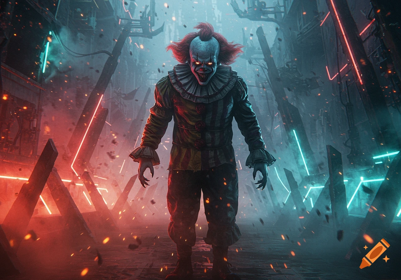 A terrifying clown with glowing eyes stands in a dark, fiery, futuristic cityscape lit by red and blue neon lights.