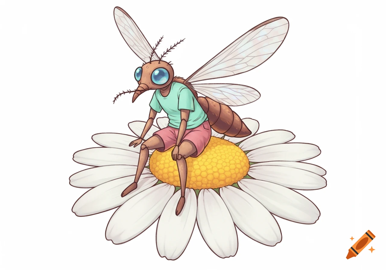 A cute and friendly anthropomorphic mosquito character with big blue eyes, wearing a teal shirt and pink shorts, sitting on a daisy with white petals. Digital illustration.