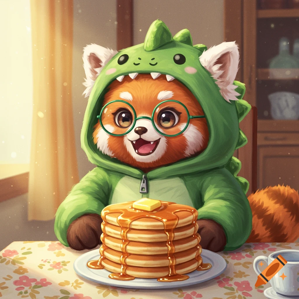 A cute cartoon red panda in a green dinosaur onesie sits at a table with a stack of pancakes with butter and syrup.