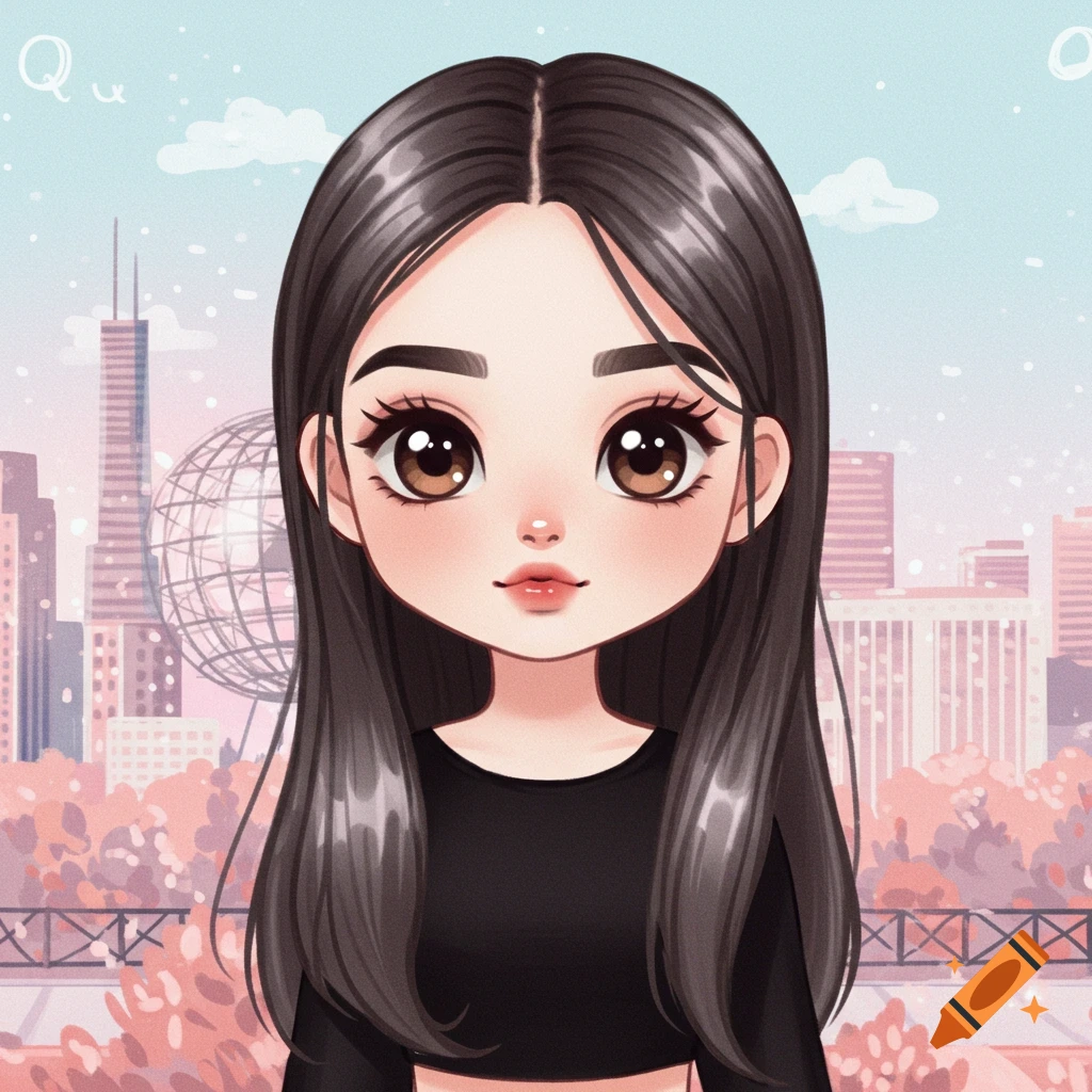 A kawaii cartoon girl with long dark hair and large brown eyes, wearing a black top, against a pastel cityscape background with buildings and a Unisphere.
