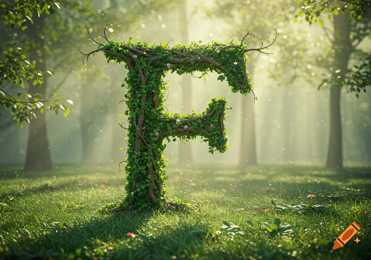 A large letter F made of green vines and branches stands prominently in a sunlit forest clearing, with soft light filtering through the trees.