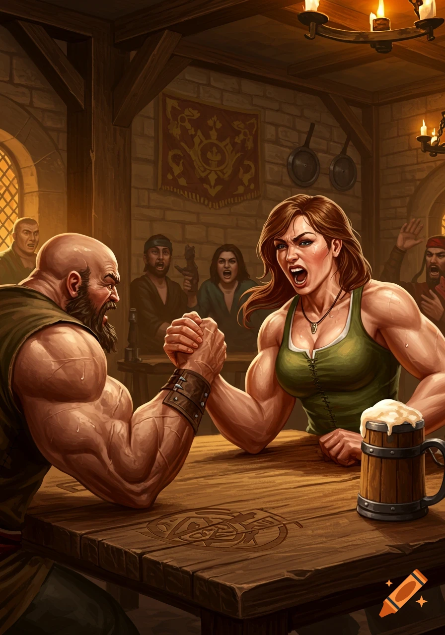 A strong woman arm wrestling a man in a fantasy tavern, with cheering onlookers.