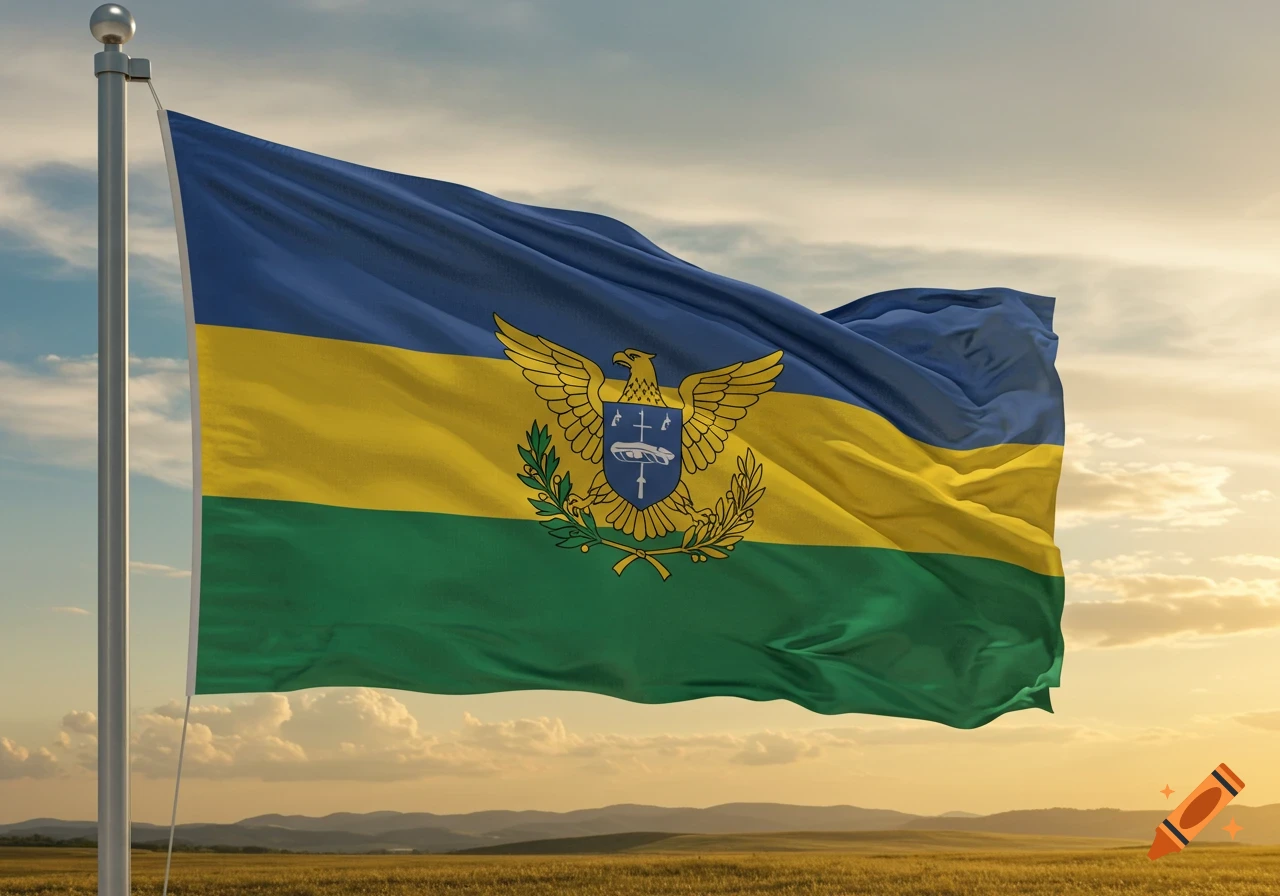 A flag with blue, yellow, and green horizontal stripes, featuring a golden eagle emblem, waving against a sunset sky over a field.