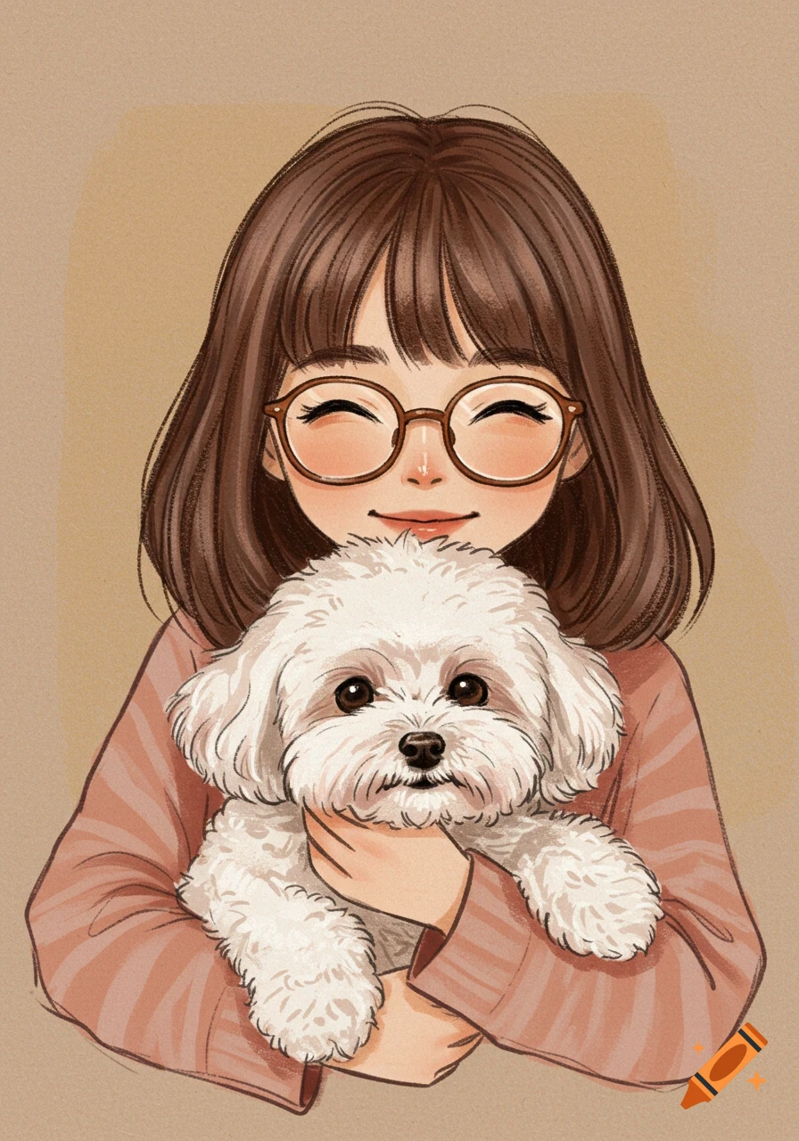 A smiling cartoon girl with glasses and brown hair holds a fluffy white dog in a pastel illustration.