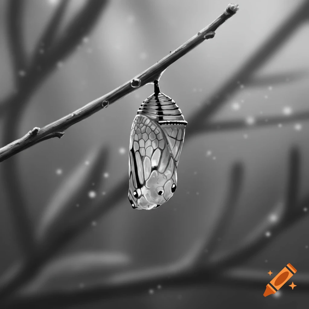 A close-up, black and white image of a monarch chrysalis hanging from a tree branch, with a soft, blurred background.