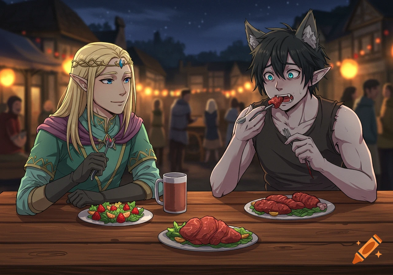 Anime style illustration of an elf and a wolf boy eating at a nighttime medieval festival. The wolf boy is tearing into meat, and the elf smiles.