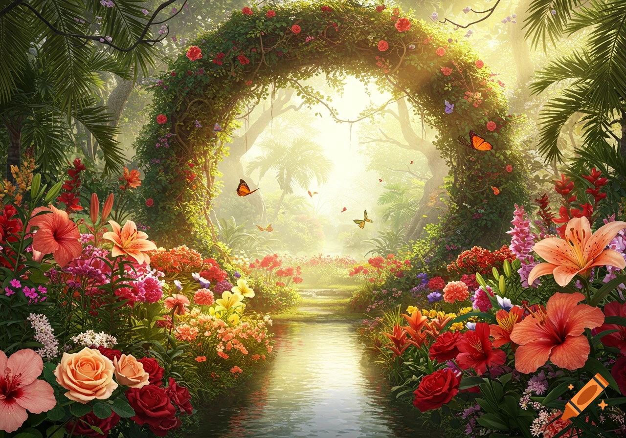 Lush, vibrant garden with a floral archway over a stream, surrounded by colorful flowers and butterflies in soft, ethereal light.