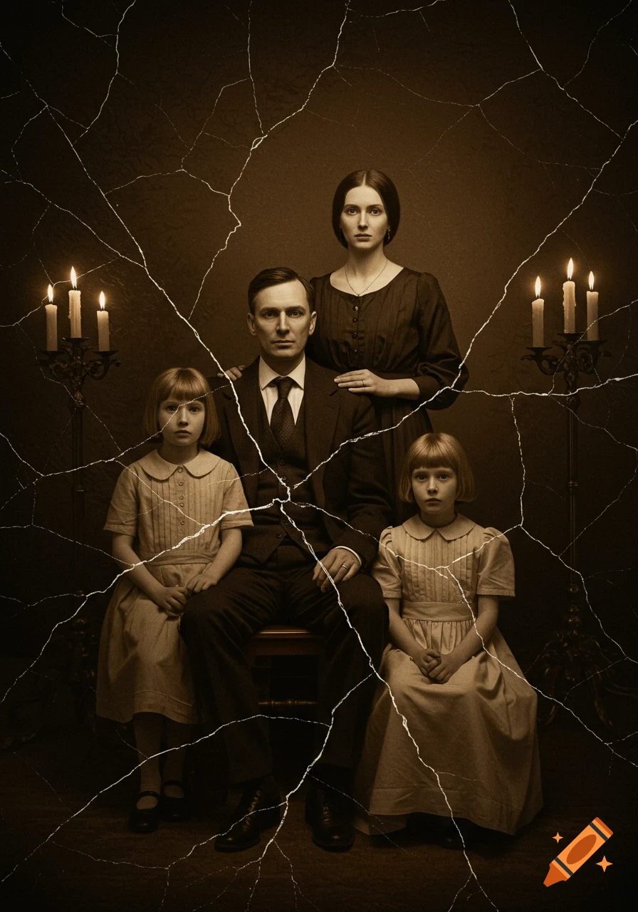 A sepia-toned vintage family portrait of a father, mother, and two daughters, with white cracks running across the image.