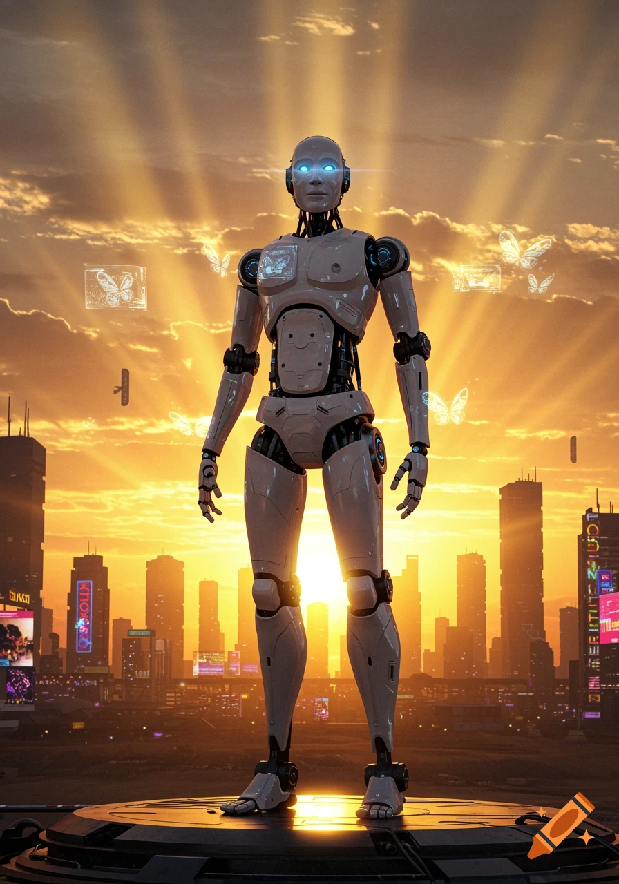 A photorealistic image of a white humanoid robot standing on a platform, overlooking a futuristic city skyline at sunset with glowing butterflies in the sky.