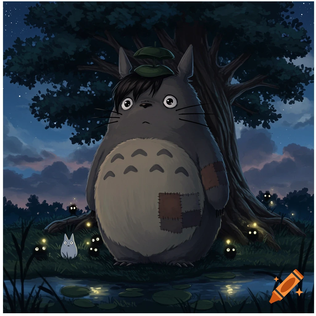 Emo Totoro with a new haircut stands in a dark Ghibli-style forest at night, with soot sprites and a pond.