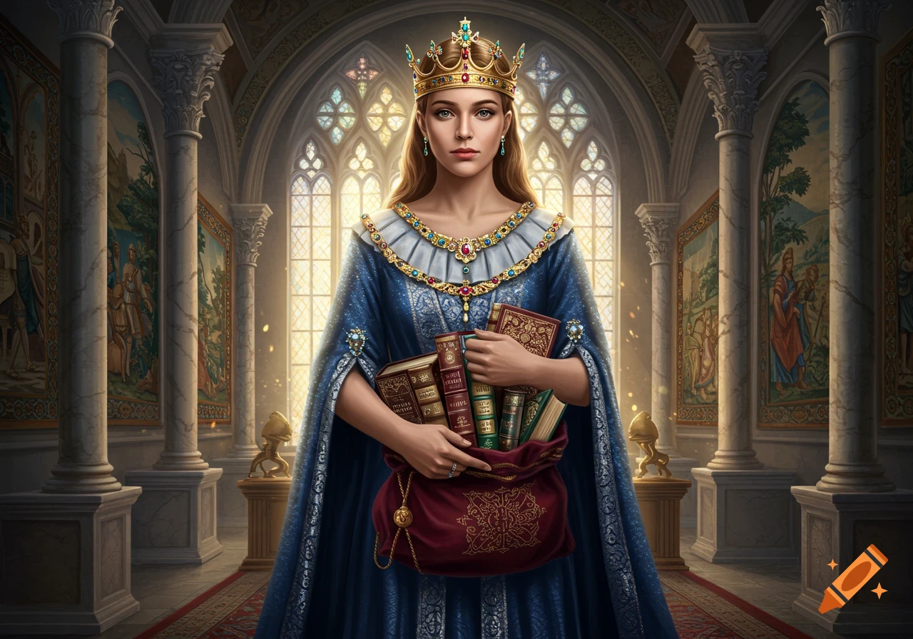 A regal queen in a blue gown and gold crown holds a red bag of books in a grand castle hall with stained glass windows.