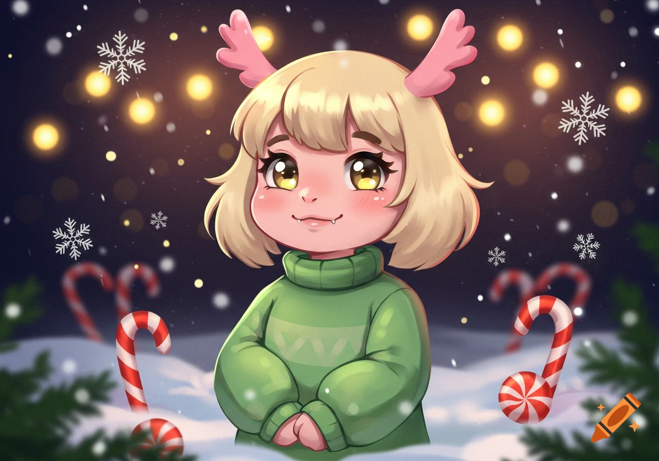 Pastel kawaii digital illustration of Noelle Holiday with blonde hair, pink antlers, and big eyes, wearing a green sweater, smiling softly in a snowy winter scene with candy canes and warm lights.