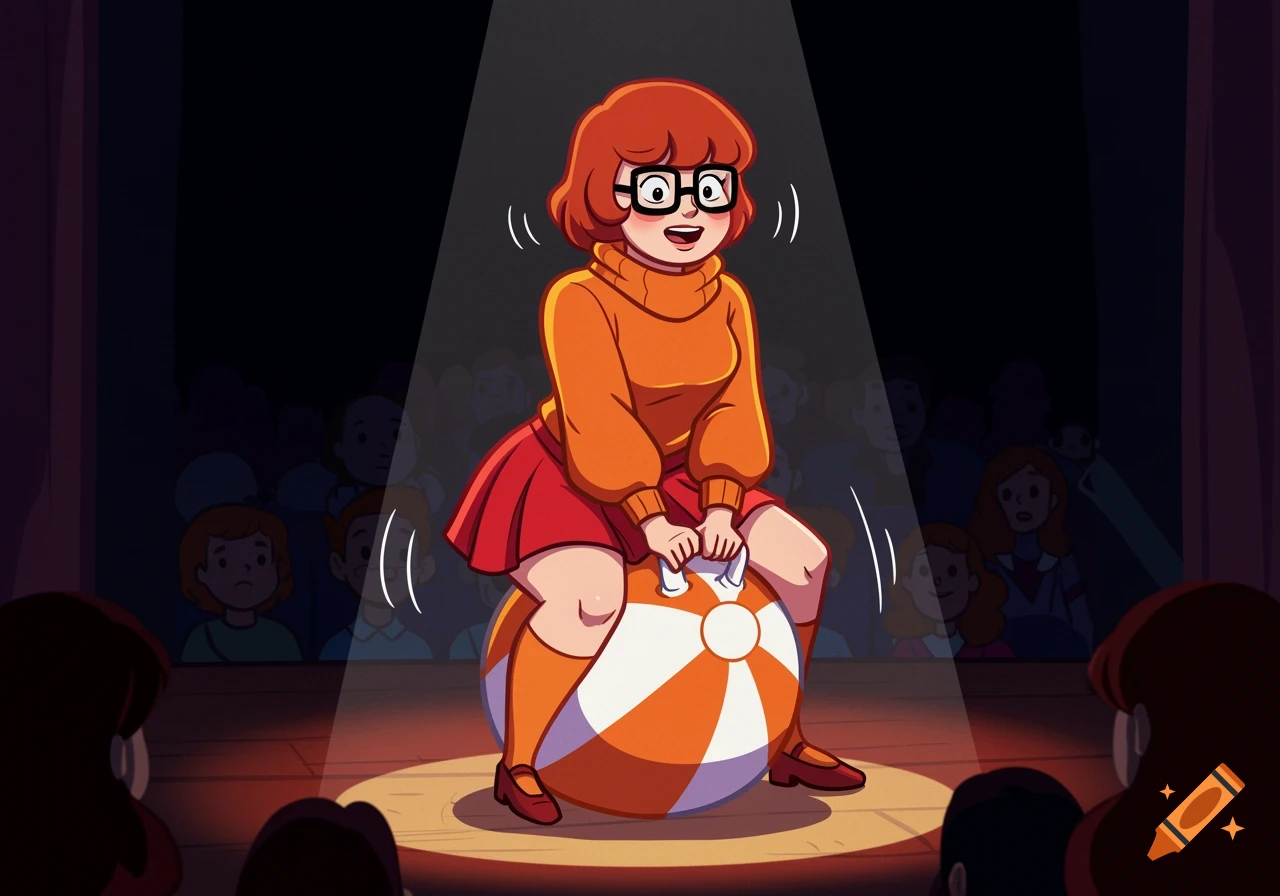 Cartoon Velma Dinkley joyfully balancing on an orange and white striped beach ball on a spotlighted stage.