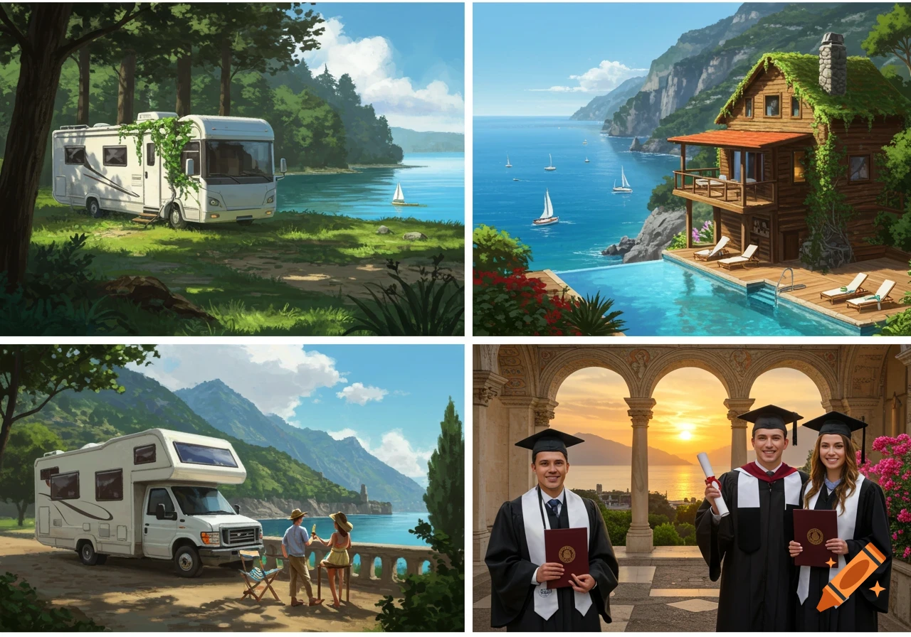 Four distinct scenes. Top left: An RV parked in a forest by a lake. Top right: A wooden house with a pool overlooking the ocean. Bottom left: A couple next to an RV by the ocean. Bottom right: Three graduates holding diplomas in front of an arched building overlooking a sunset ocean view.