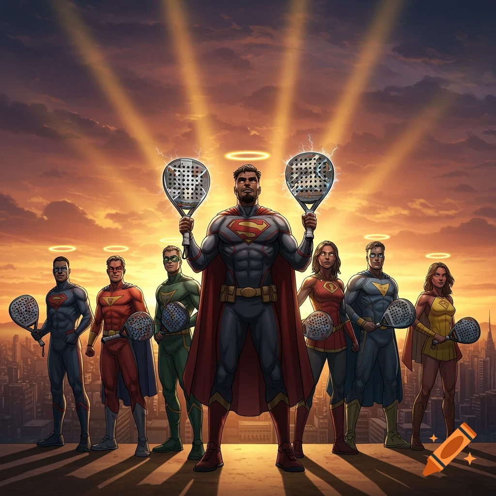A group of superheroes, including a Superman-like figure, stand on a rooftop at sunset, holding padel racquets.