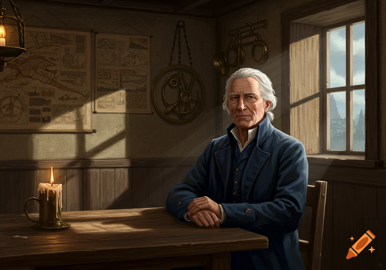 A white-haired man in a blue coat sits at a wooden table in a dimly lit room with maps, instruments, and sunbeams from a window.