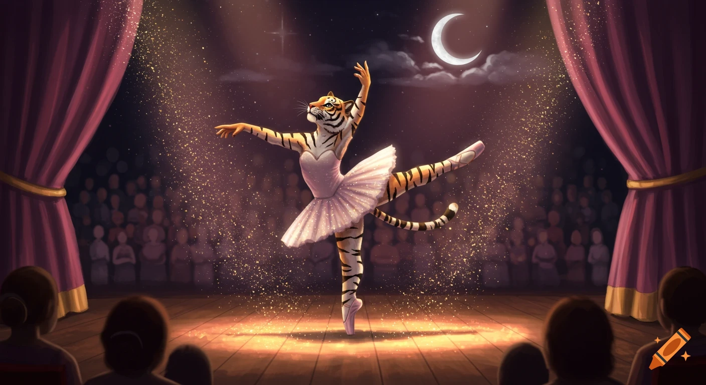 A tiger ballerina in a pink tutu performs on stage under a spotlight, with an audience in the background and a crescent moon in the night sky.