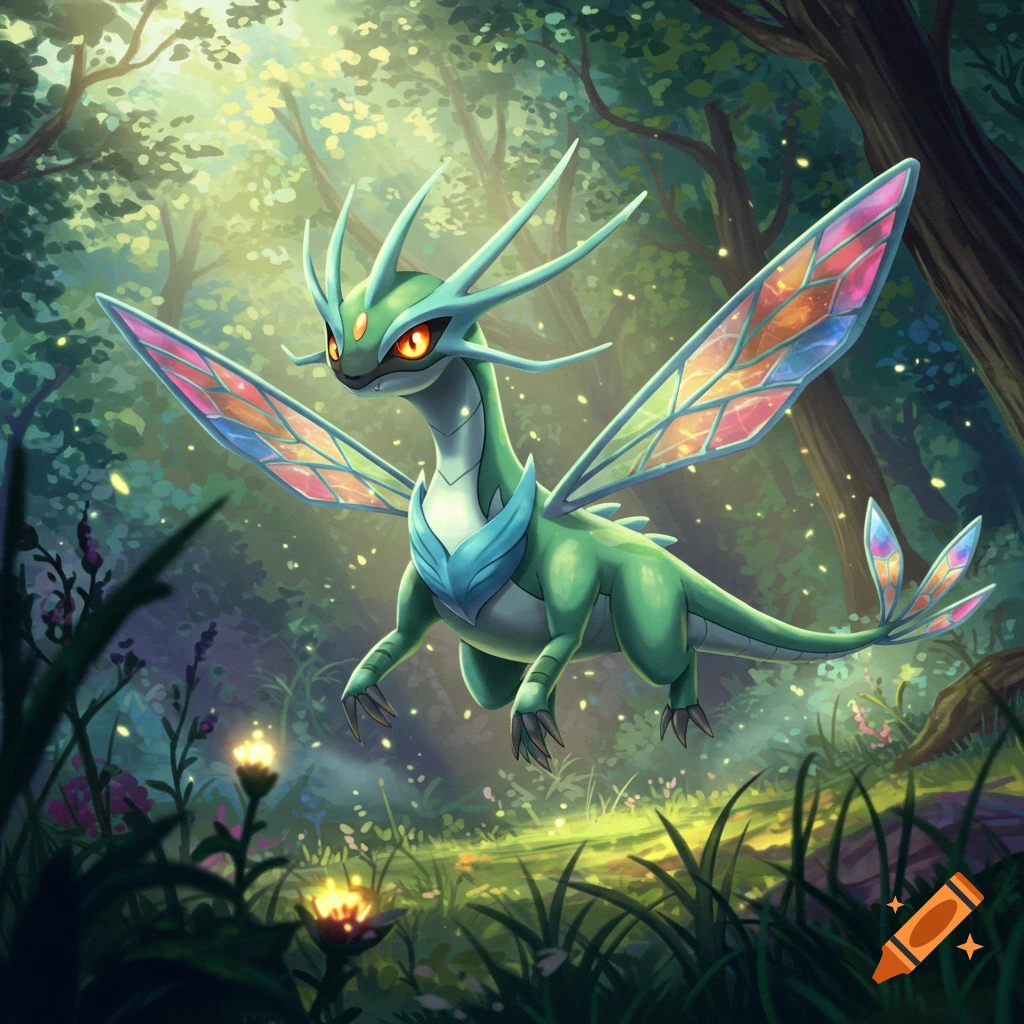 A green, dragonfly-like fantasy creature with colorful stained-glass wings hovers in a magical, sun-dappled forest.