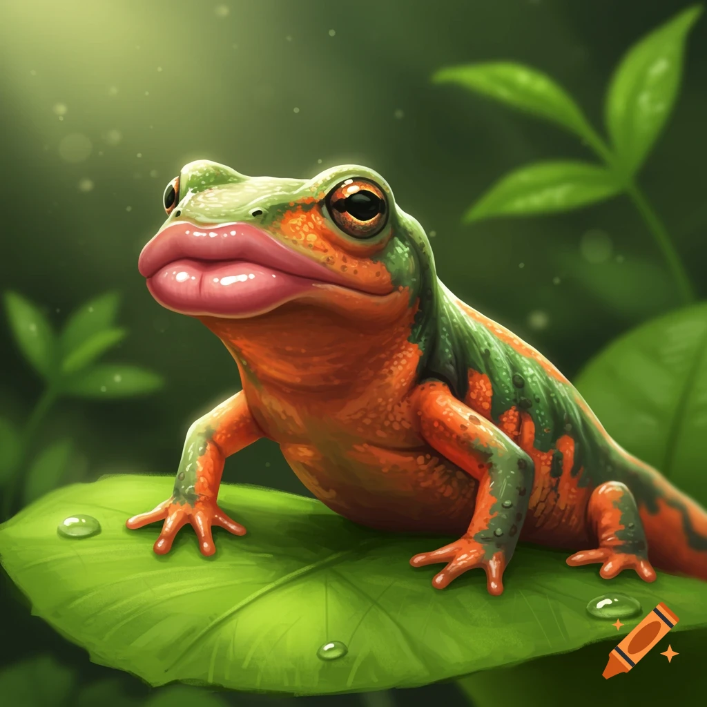 A vibrant green and orange frog with large, pink human-like lips sits on a green leaf with water droplets.