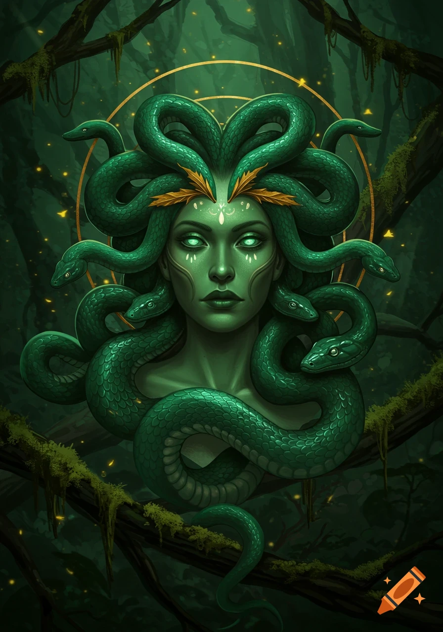A green-skinned snake goddess with green snakes for hair and glowing eyes, set against a dark, lush jungle background with sparkling lights.