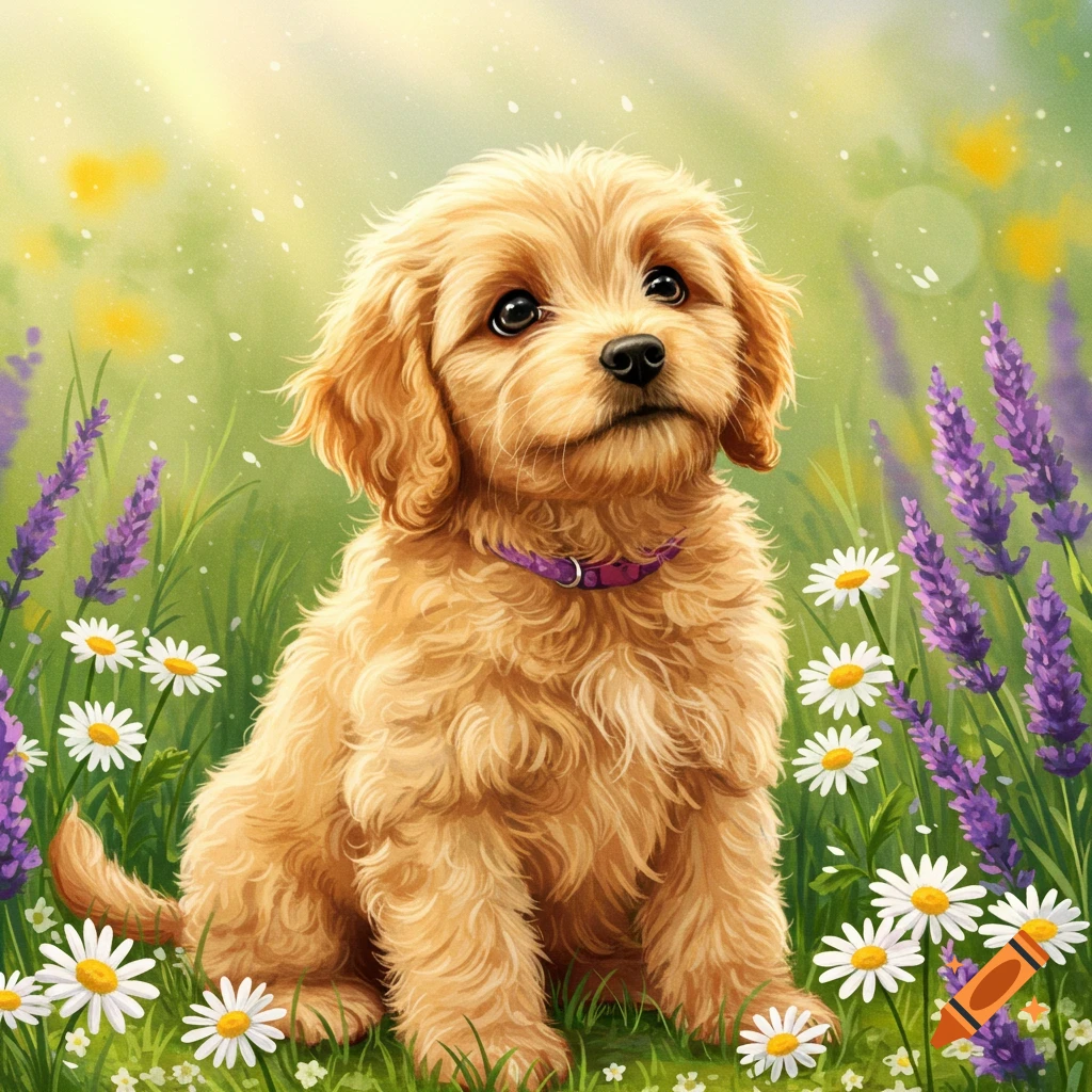 A cute golden puppy sits in a field of purple lavender and white daisies under soft sunlight.