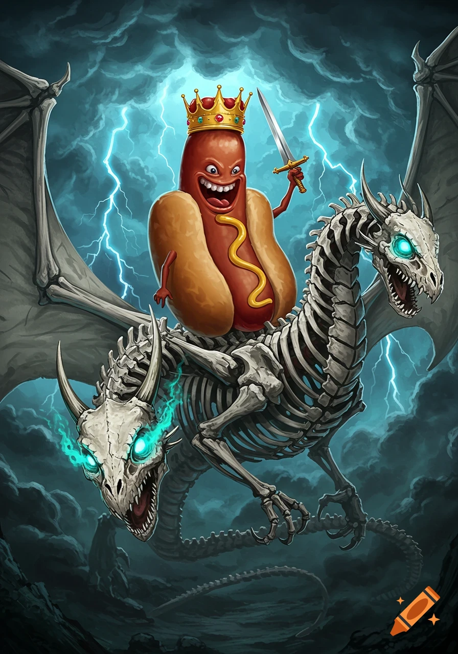 An evil hotdog king wearing a crown and holding a sword rides a skeletal dragon amidst lightning and dark clouds.