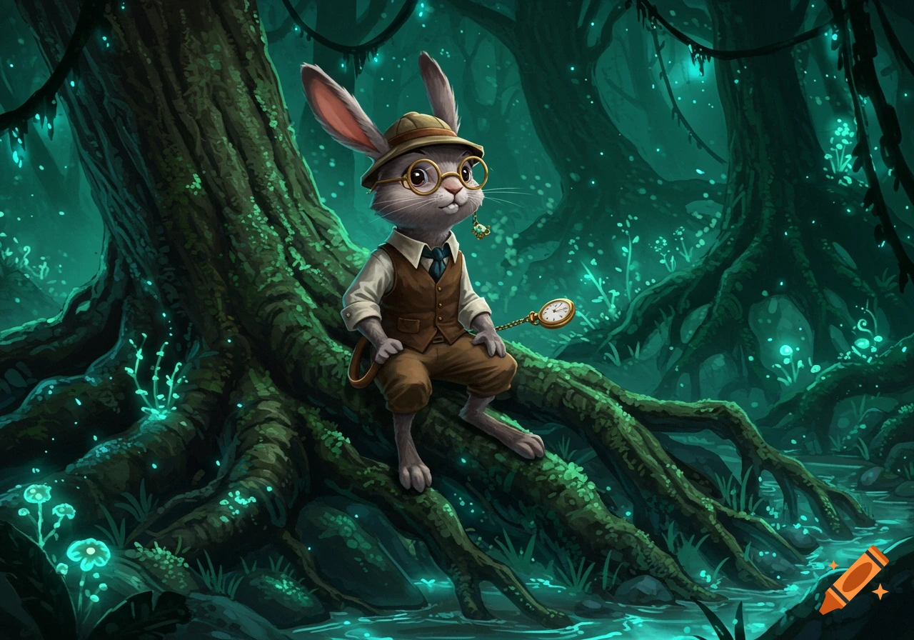 A cute, bespectacled rabbit in a hat and vest sits on glowing tree roots in an enchanted forest, holding a pocket watch.