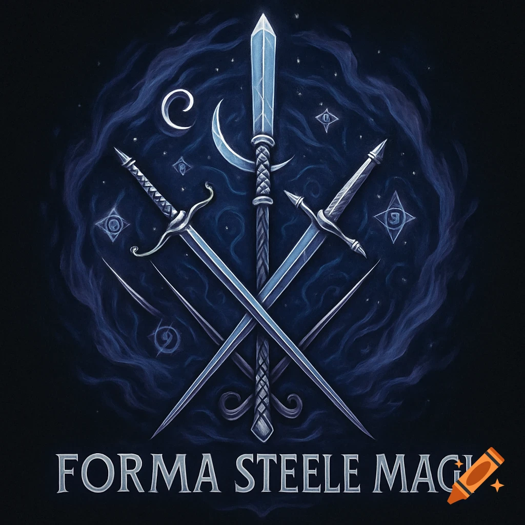 A stylized logo featuring crossed swords and a spear against a dark, smoky blue background with a crescent moon and stars. Text: Forma Steele Magi.