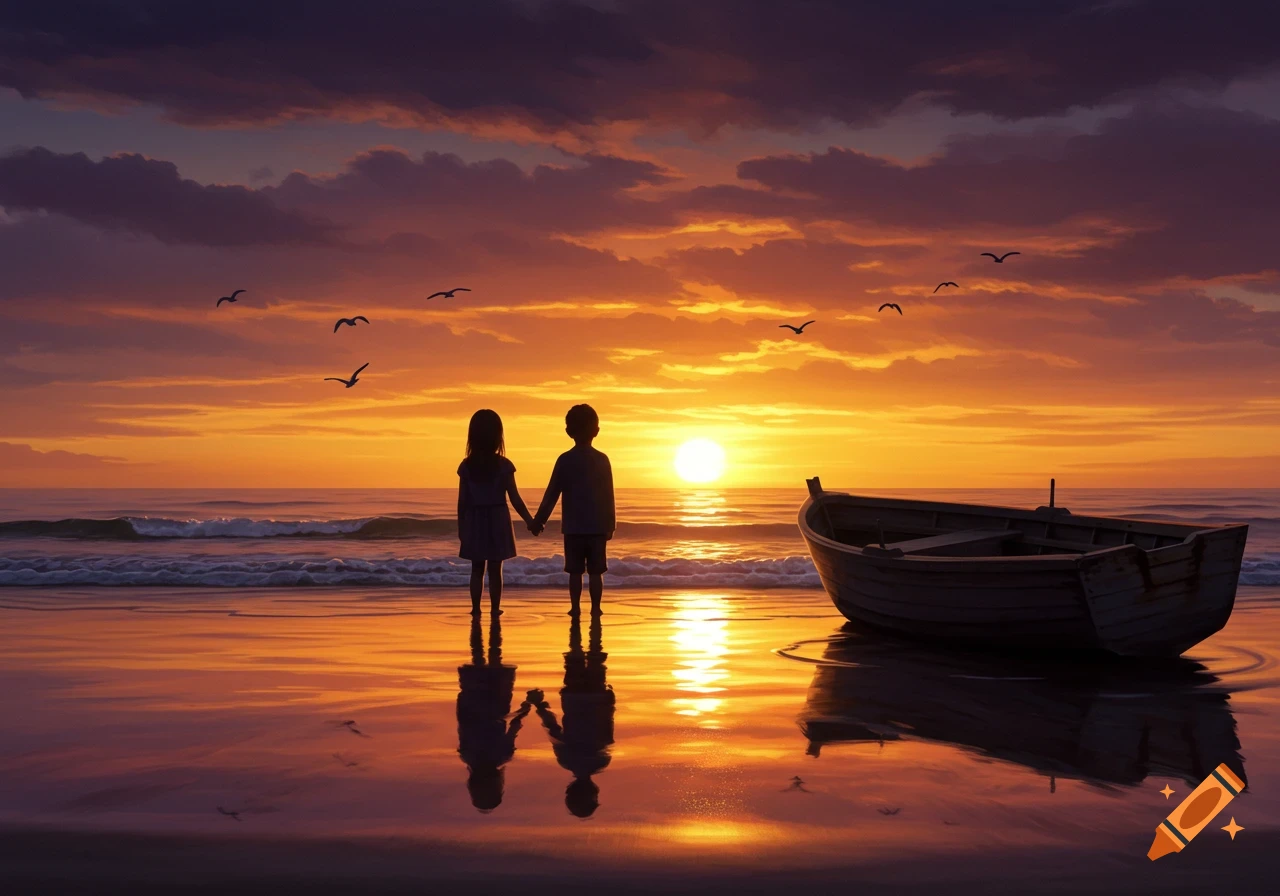 Silhouettes of two children holding hands on a beach at sunset, with a small boat on the shore. Orange and purple sky reflects on wet sand.