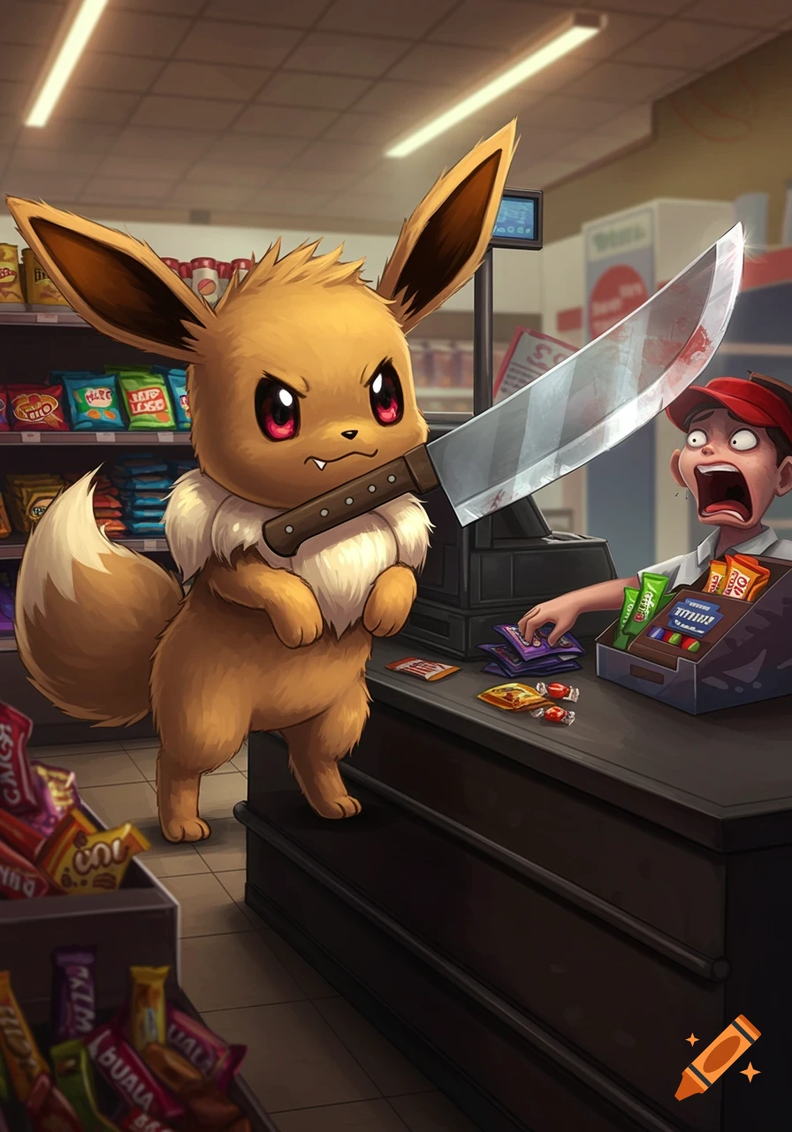 Cartoon Eevee holding a bloody machete threatens a terrified cashier in a convenience store, surrounded by snack shelves.