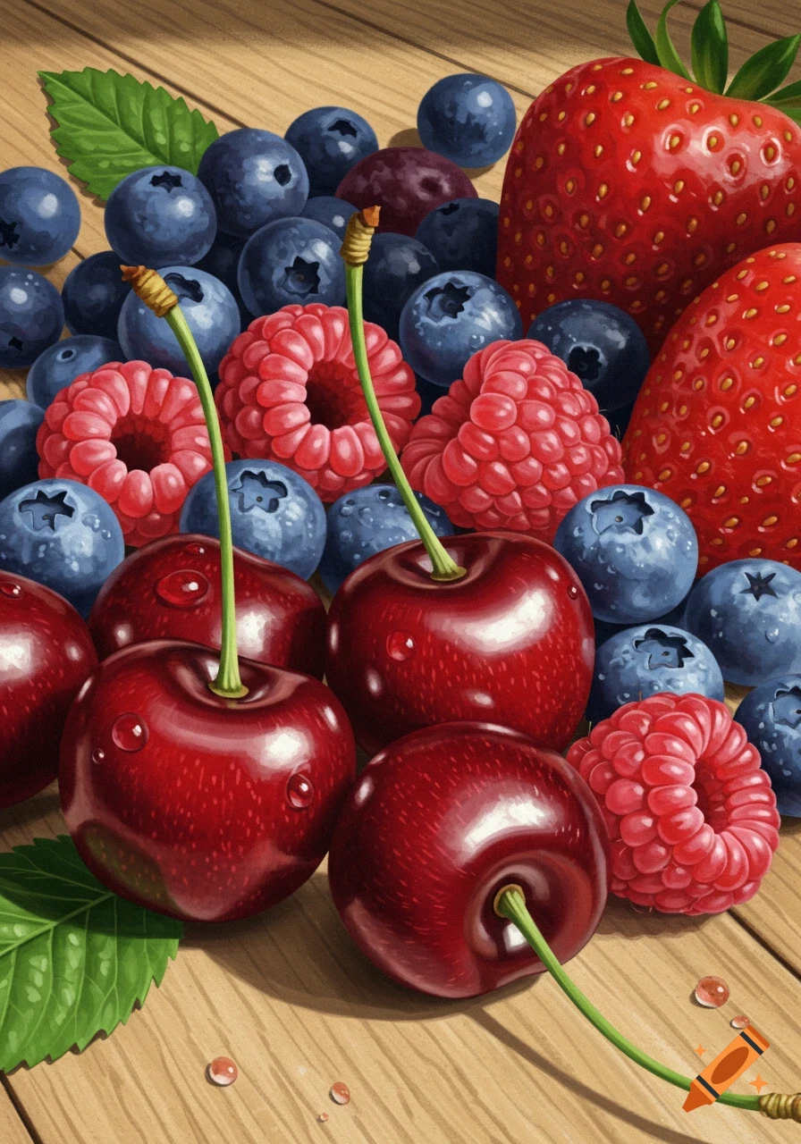 A vibrant close-up of fresh blueberries, red raspberries, red cherries with green stems, and strawberries piled on a wooden surface.