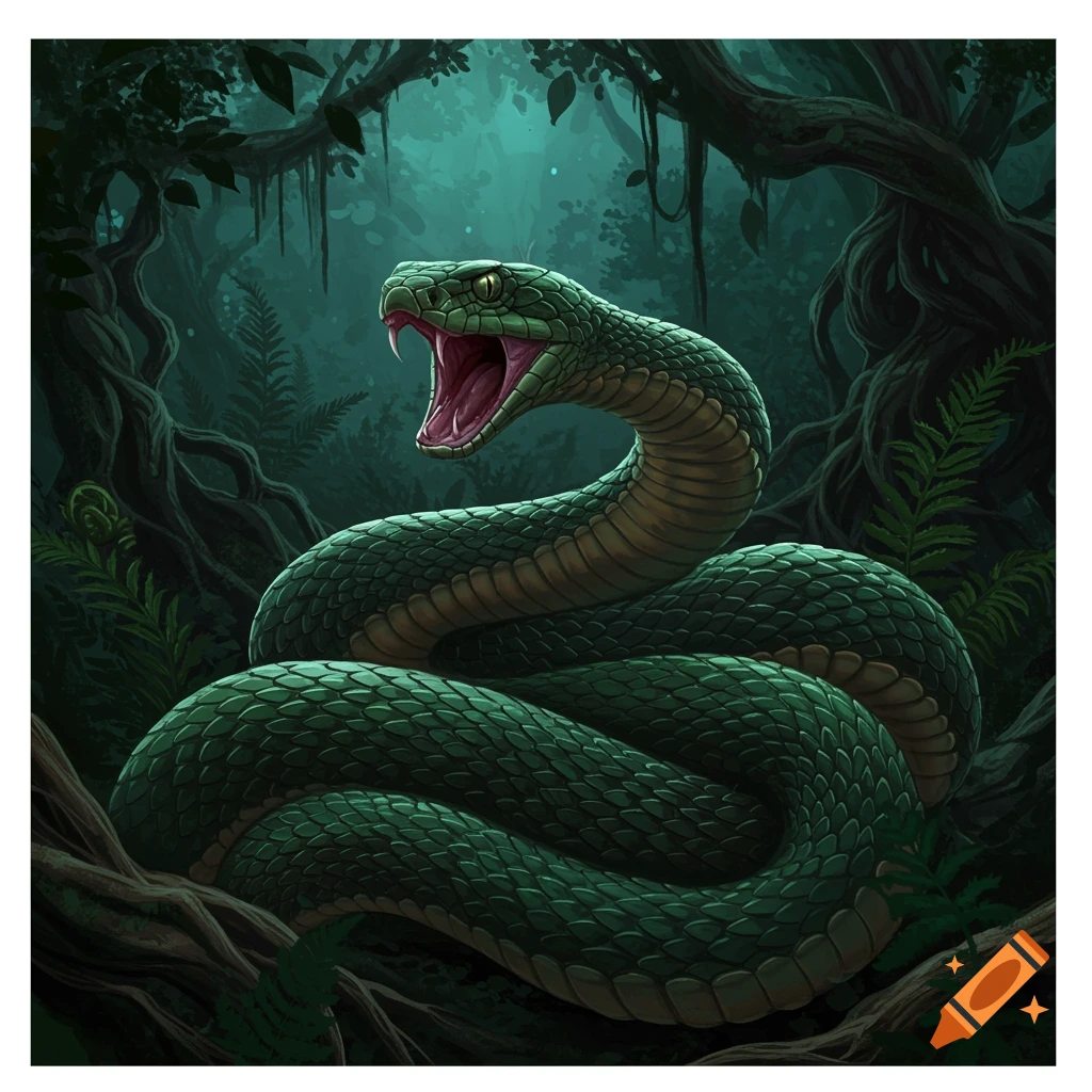 A coiled green snake with an open mouth and fangs in a dark, lush jungle, depicted in a fantasy art style.