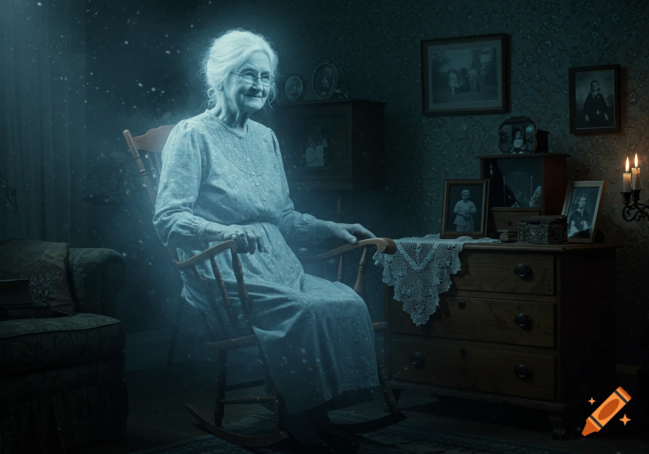 A glowing, ethereal ghost of an elderly woman sits in a rocking chair in a dimly lit, old-fashioned room.