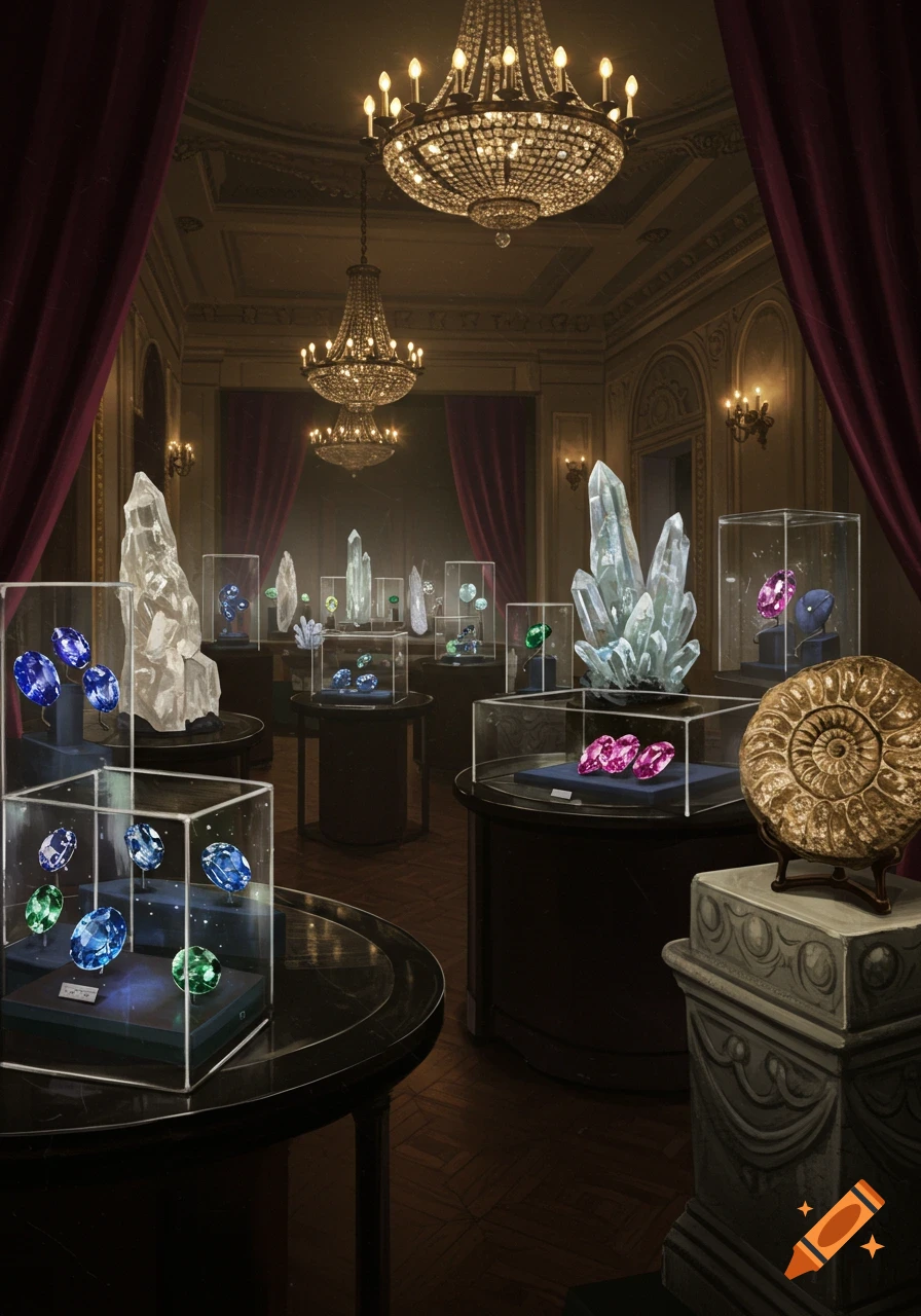A grand room with chandeliers displays colorful gems, large crystals, and an ammonite fossil in glass cases.