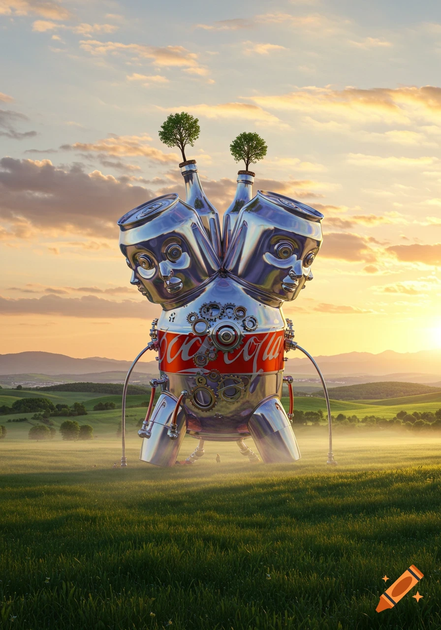 A large, metallic robot made of soda cans and bottles stands in a misty green field at sunset, with trees growing from its bottle heads.