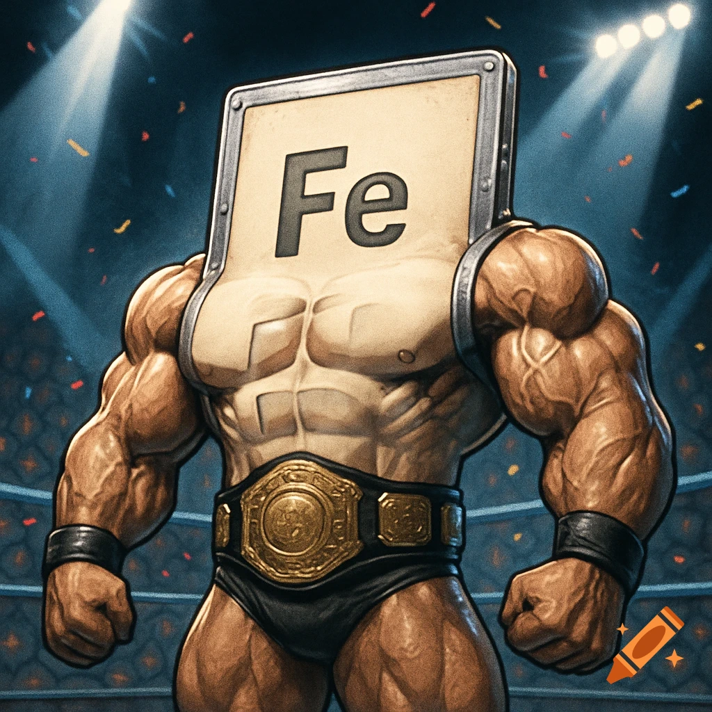 A muscular wrestler with an 'Fe' periodic table element card for a head, wearing a championship belt in a wrestling ring.
