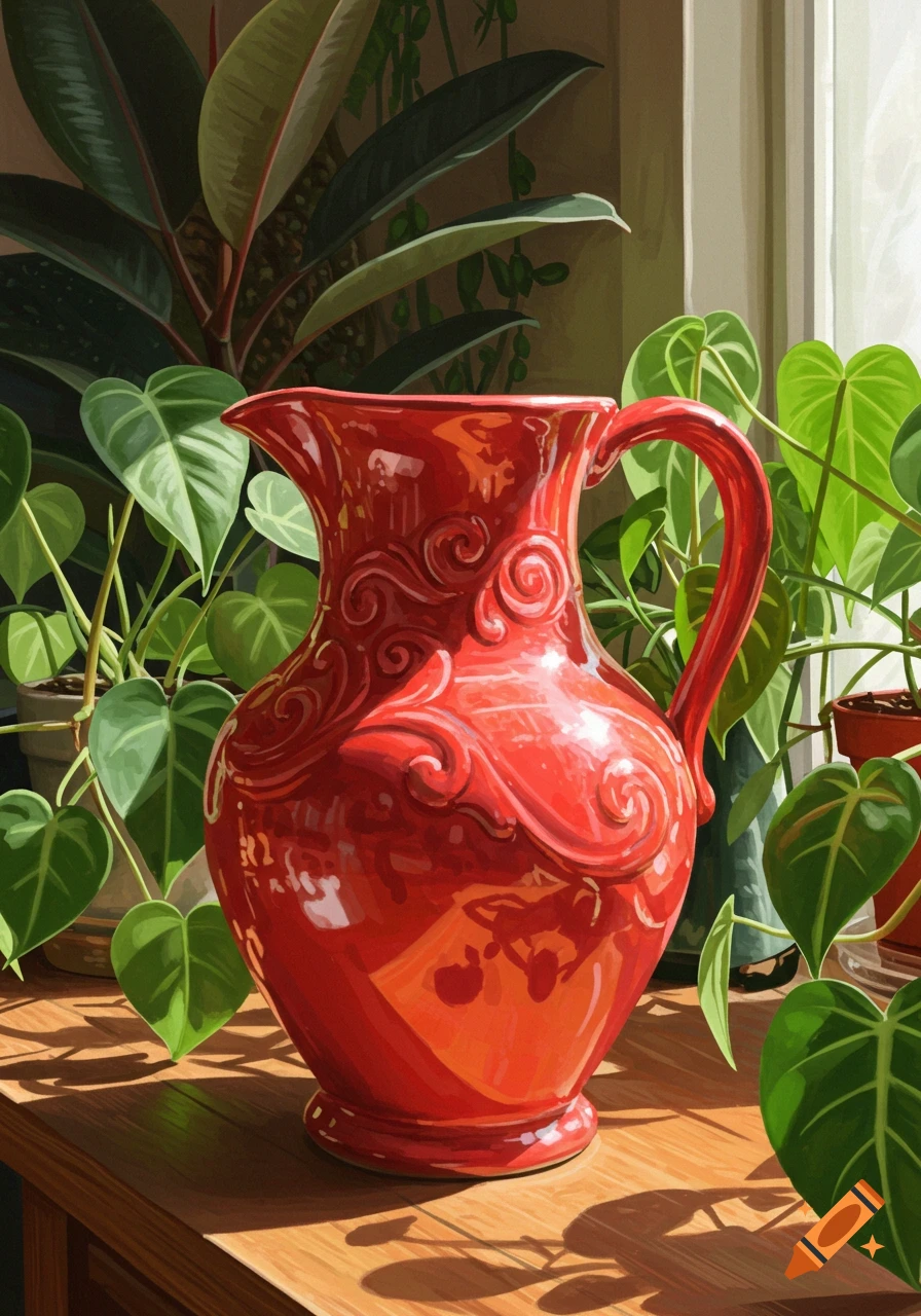 A vibrant painting of a red ceramic jug with a handle on a wooden table, surrounded by large green houseplants, illuminated by sunlight.