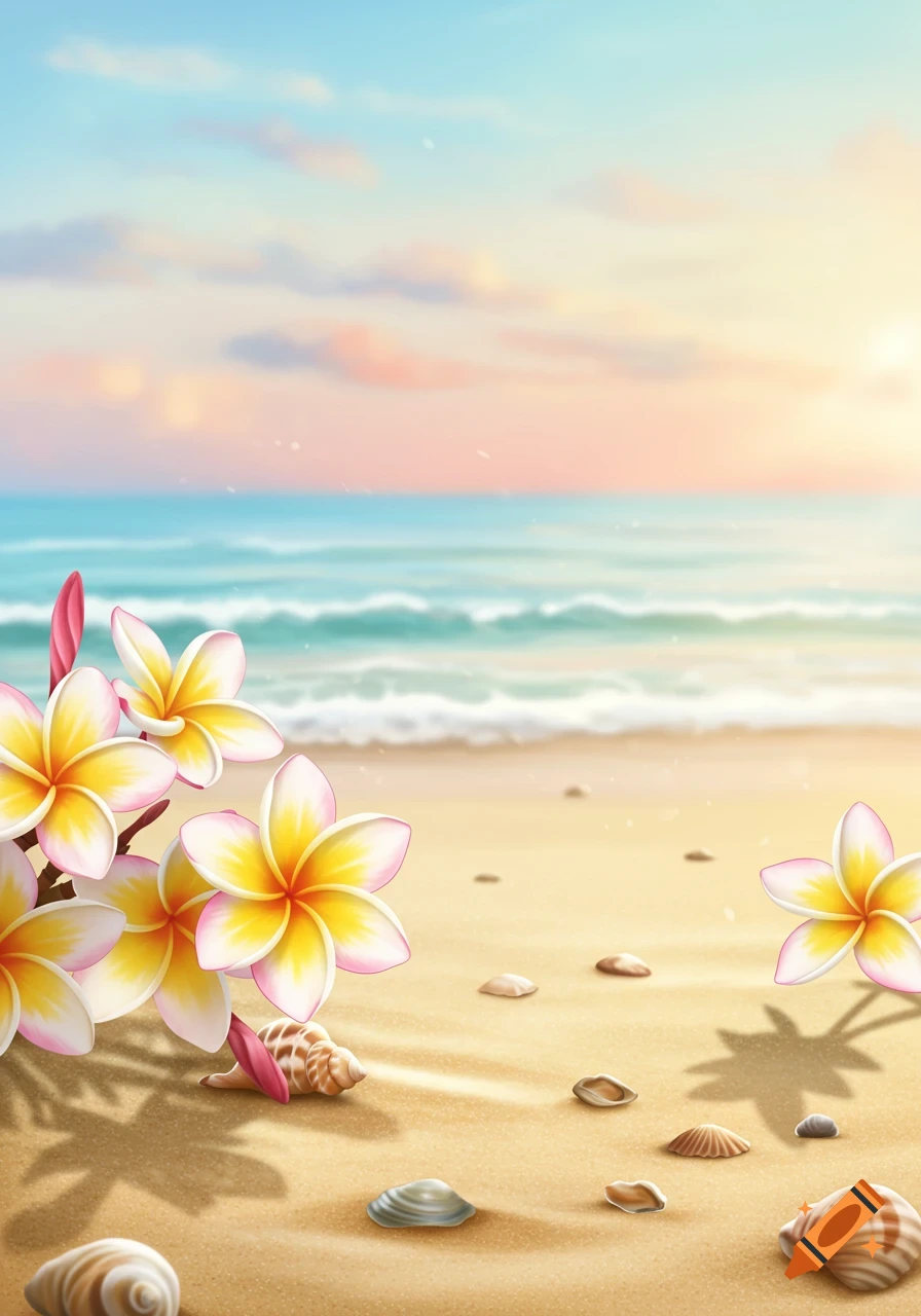 A serene illustration of a beach at sunset with pink and yellow frangipani flowers and scattered seashells in the foreground.
