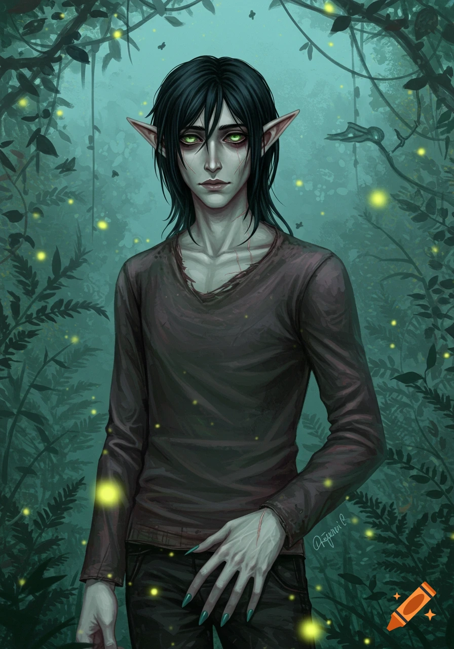 A slender male with black hair, pointed ears, and pale green eyes stands in a dark, misty forest with glowing fireflies. He wears a dark, ripped long-sleeved shirt and has faint scars on his skin.