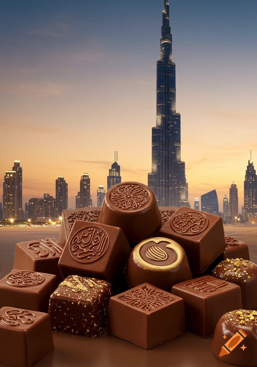 A pile of ornate chocolates with Arabic calligraphy and gold accents in the foreground, set against a backdrop of the Dubai skyline featuring the Burj Khalifa at sunset.