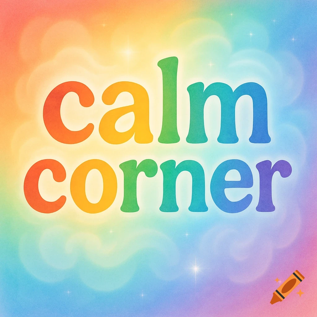 The words 'calm corner' in rainbow colors, each letter a different color, against a soft rainbow gradient background with sparkles.